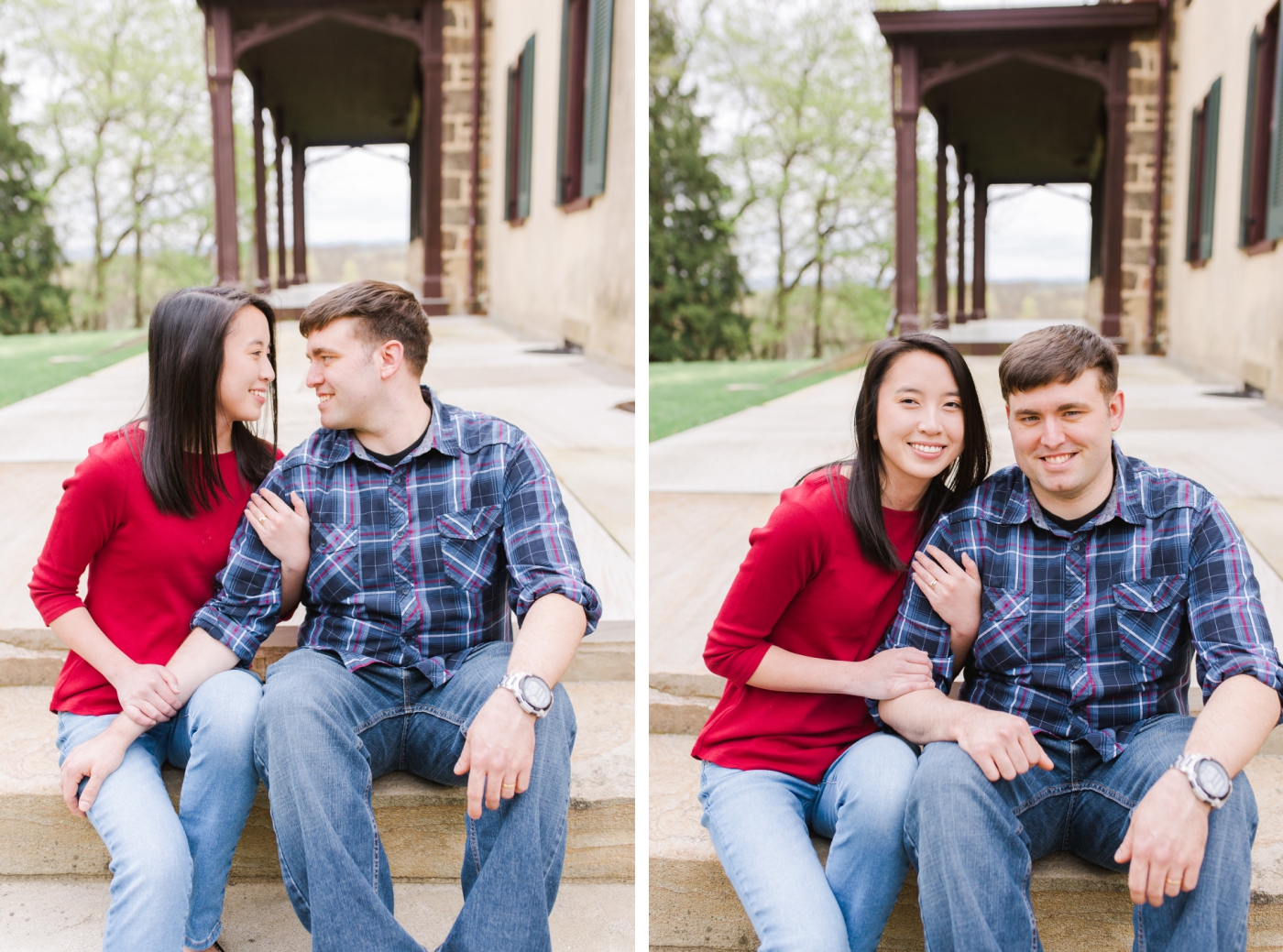 Blue and red engagement session outfits