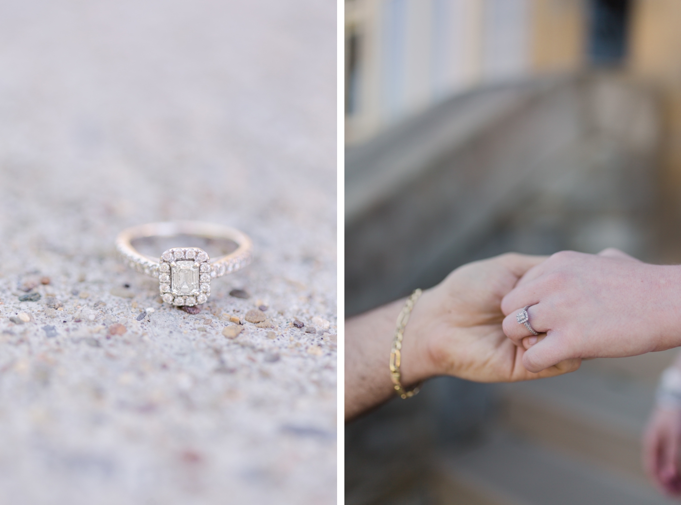 Emerald cut engagement ring with diamond halo
