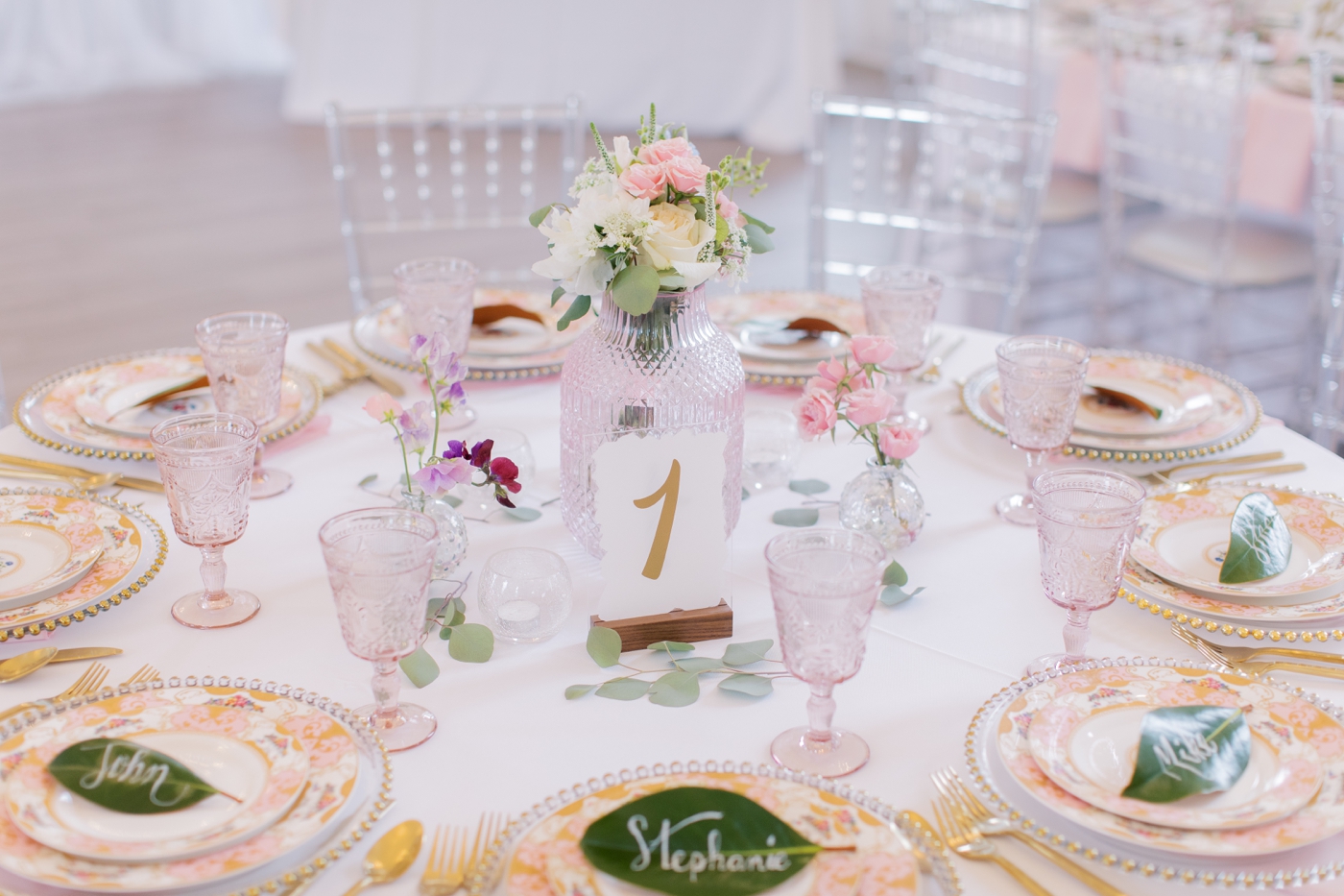 Mismatched china for a romantic wedding in Fairmont, West Virginia
