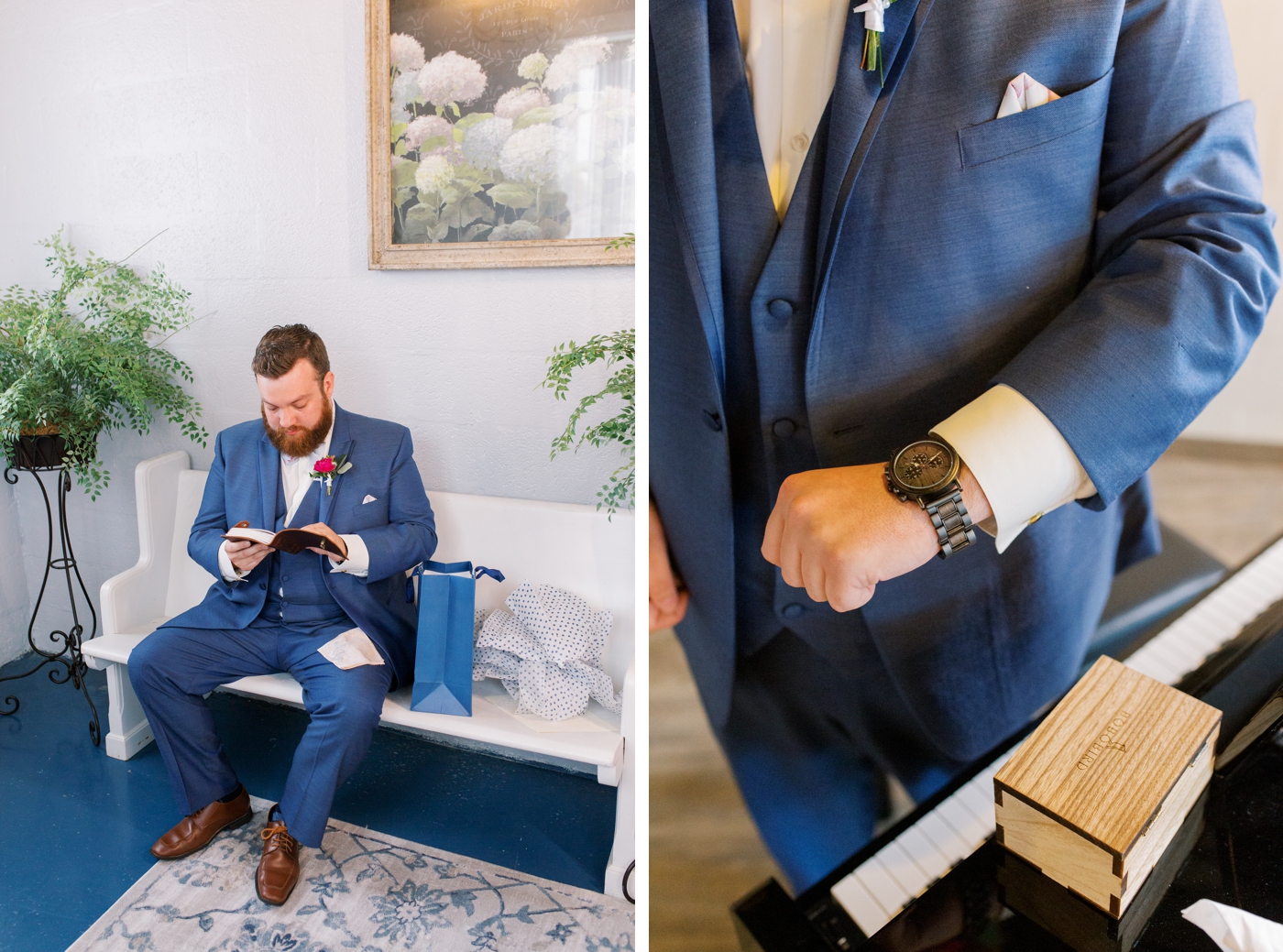 Groom in blue suits and blue jumpsuits