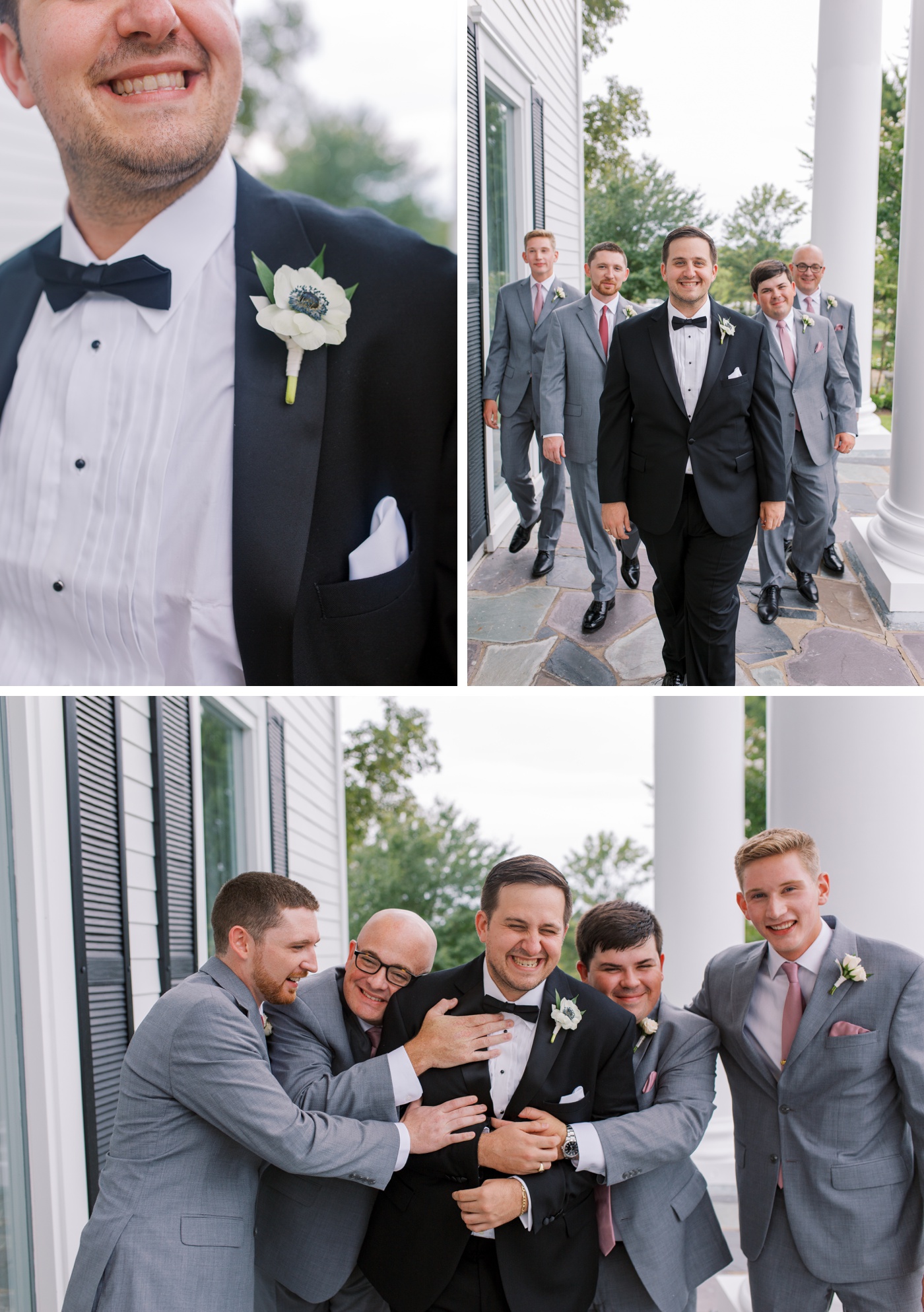 Groom in a black tuxedo with anemone boutonniere