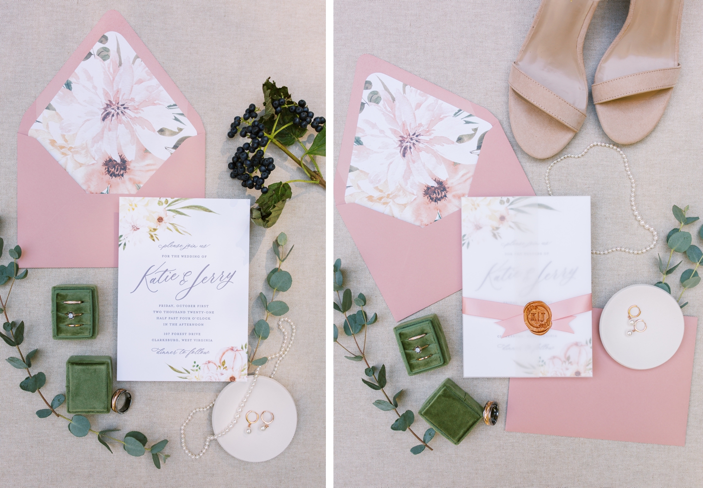 Wedding invitations with watercolor flowers and blush ribbon