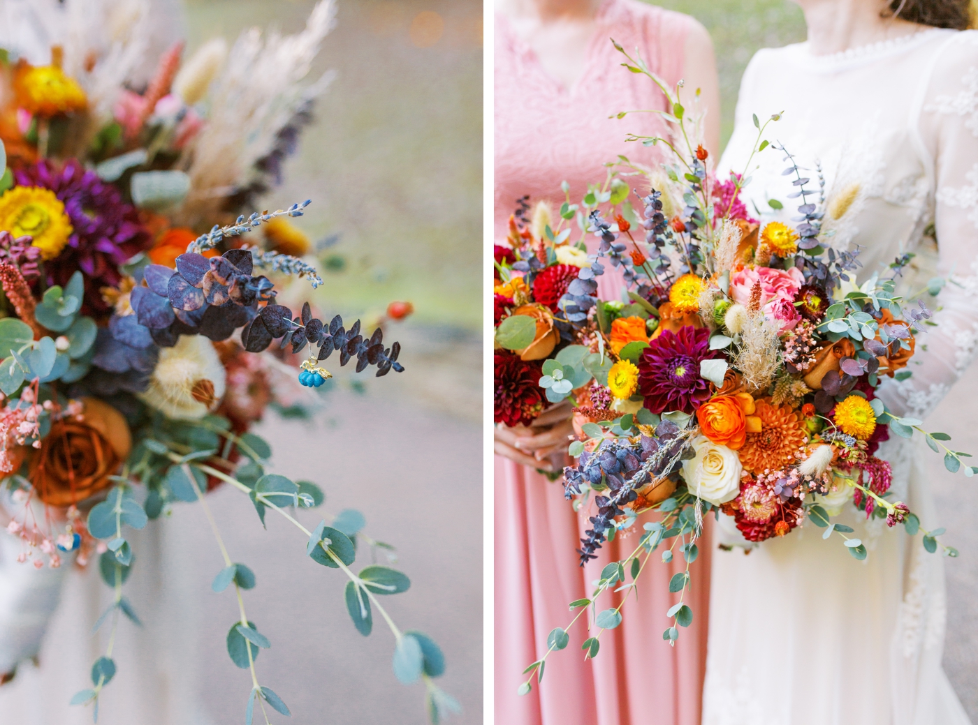 Bridal bouquet with burden dahlias, dried lavender, eucalyptus, and fall flowers