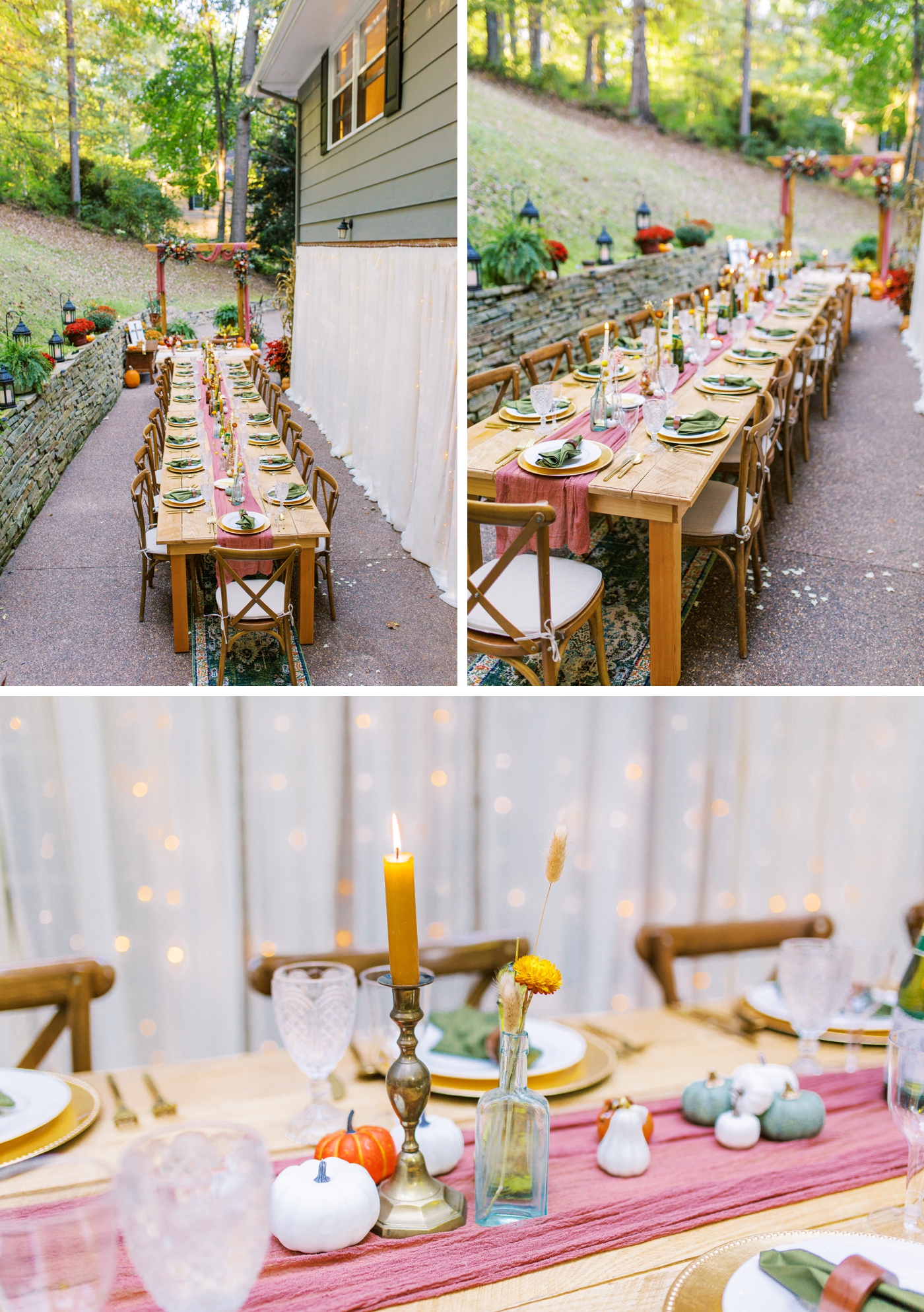 Farm tables lined with dusty burgundy fabric and tapered candles