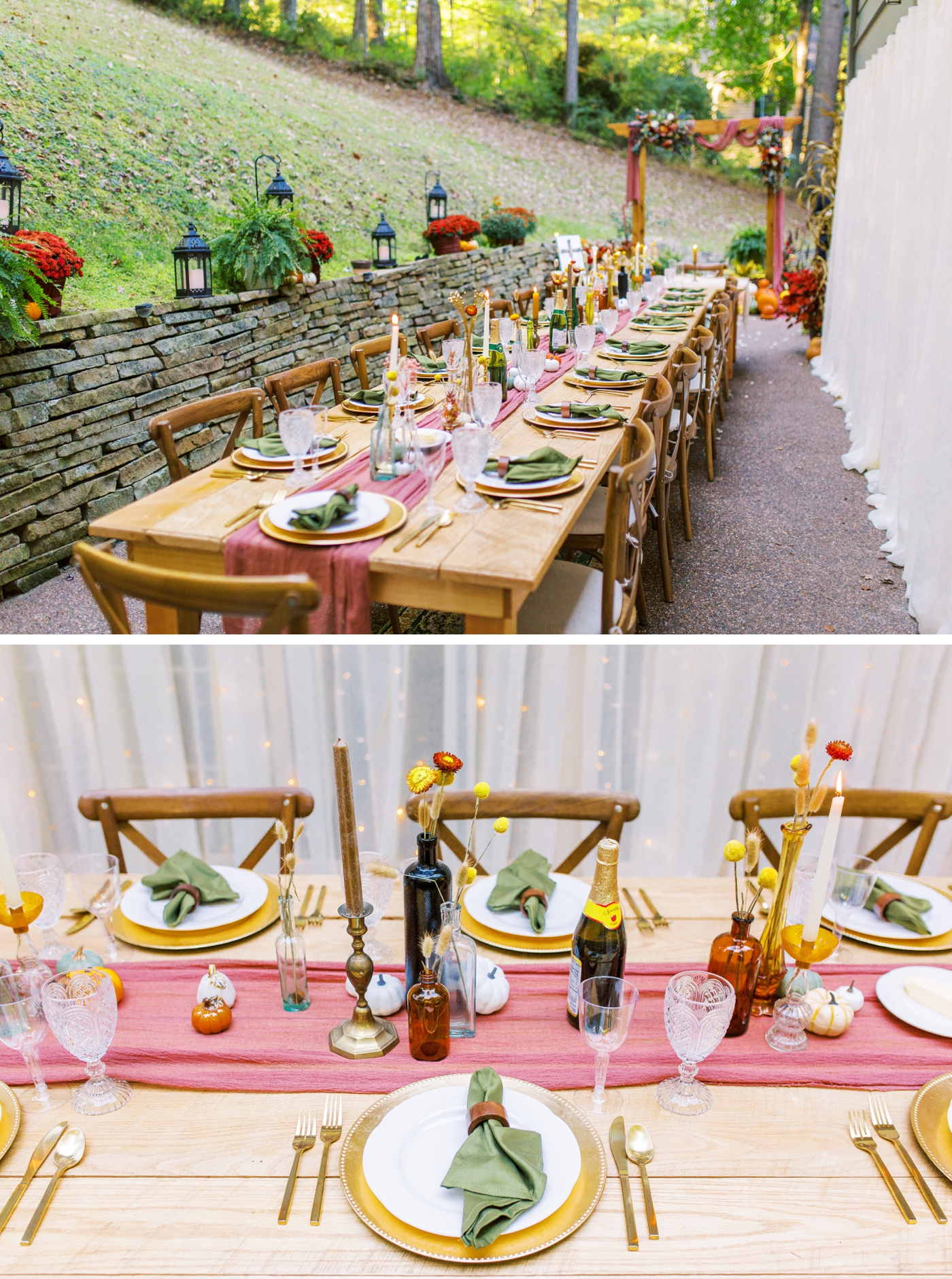 Farm tables lined with dusty burgundy fabric and tapered candles