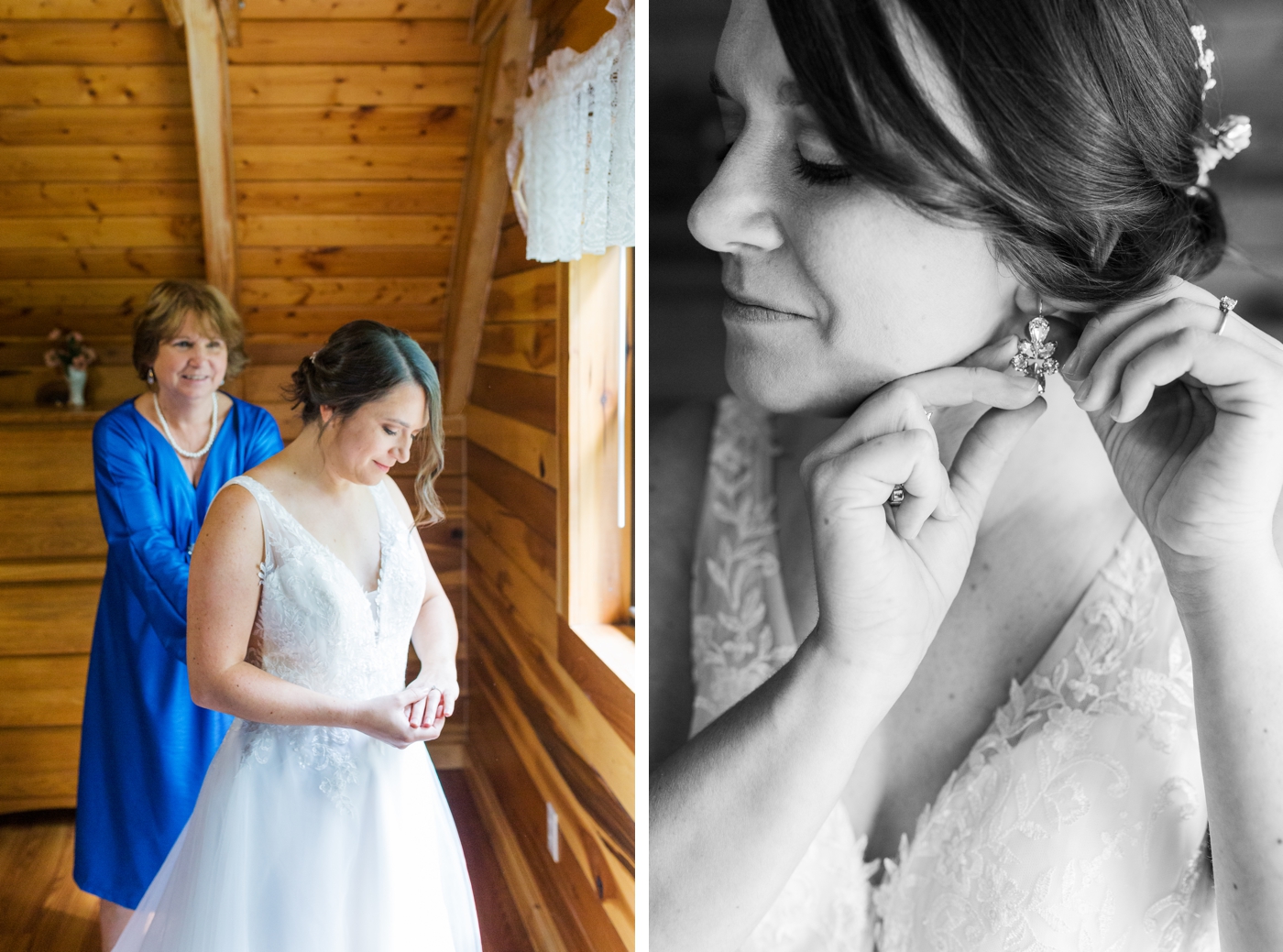 Bride getting ready in a cabin at Mountain Lake Campground