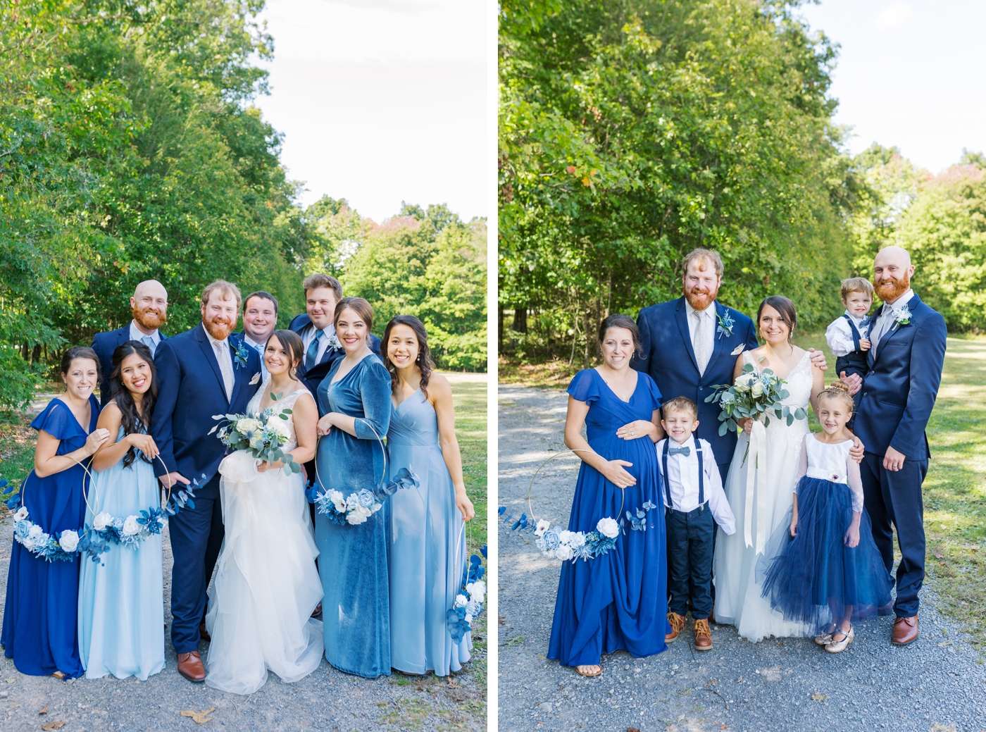 Bridal party in soft blue and navy bridesmaids dresses