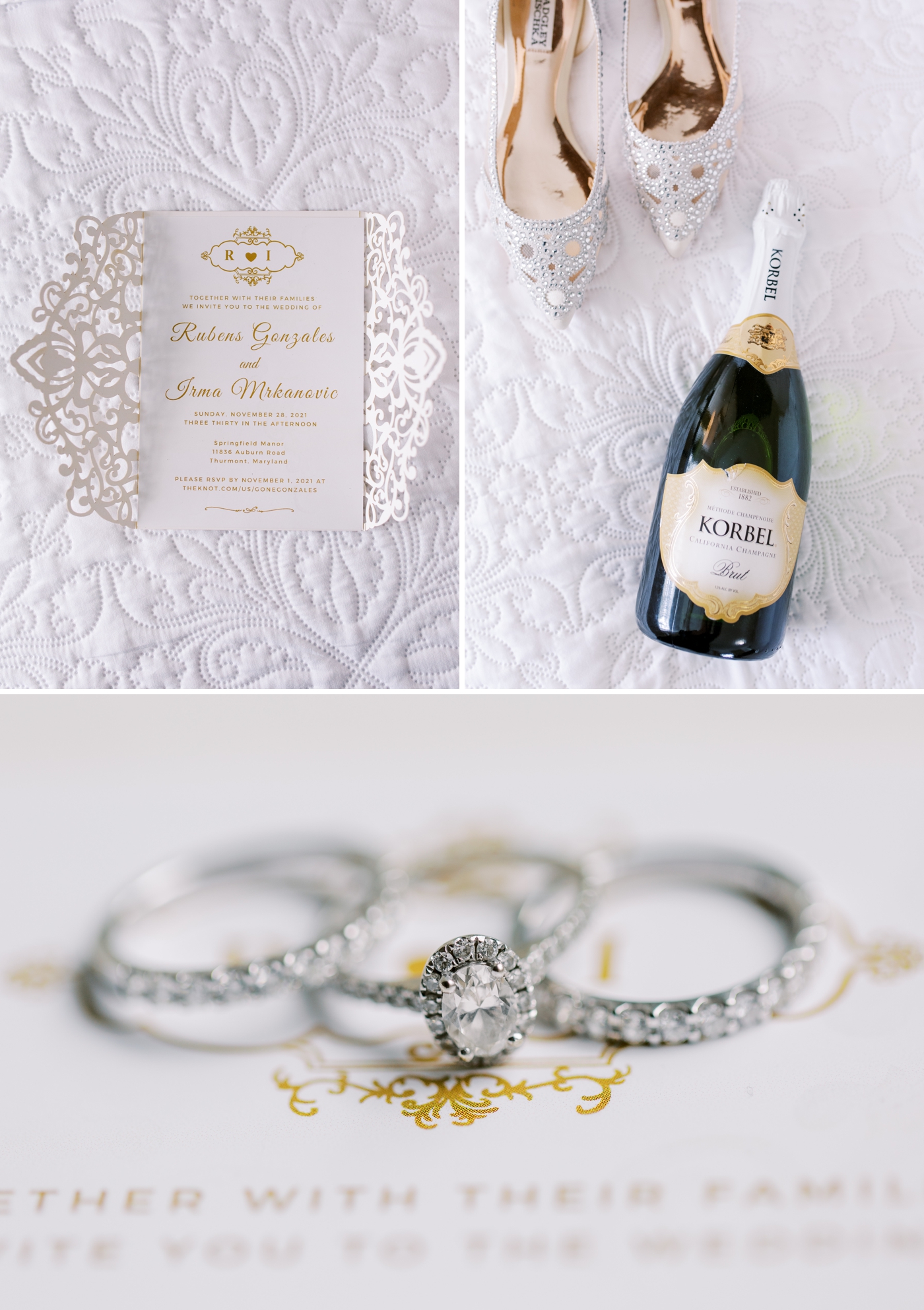 Gold and white wedding day details