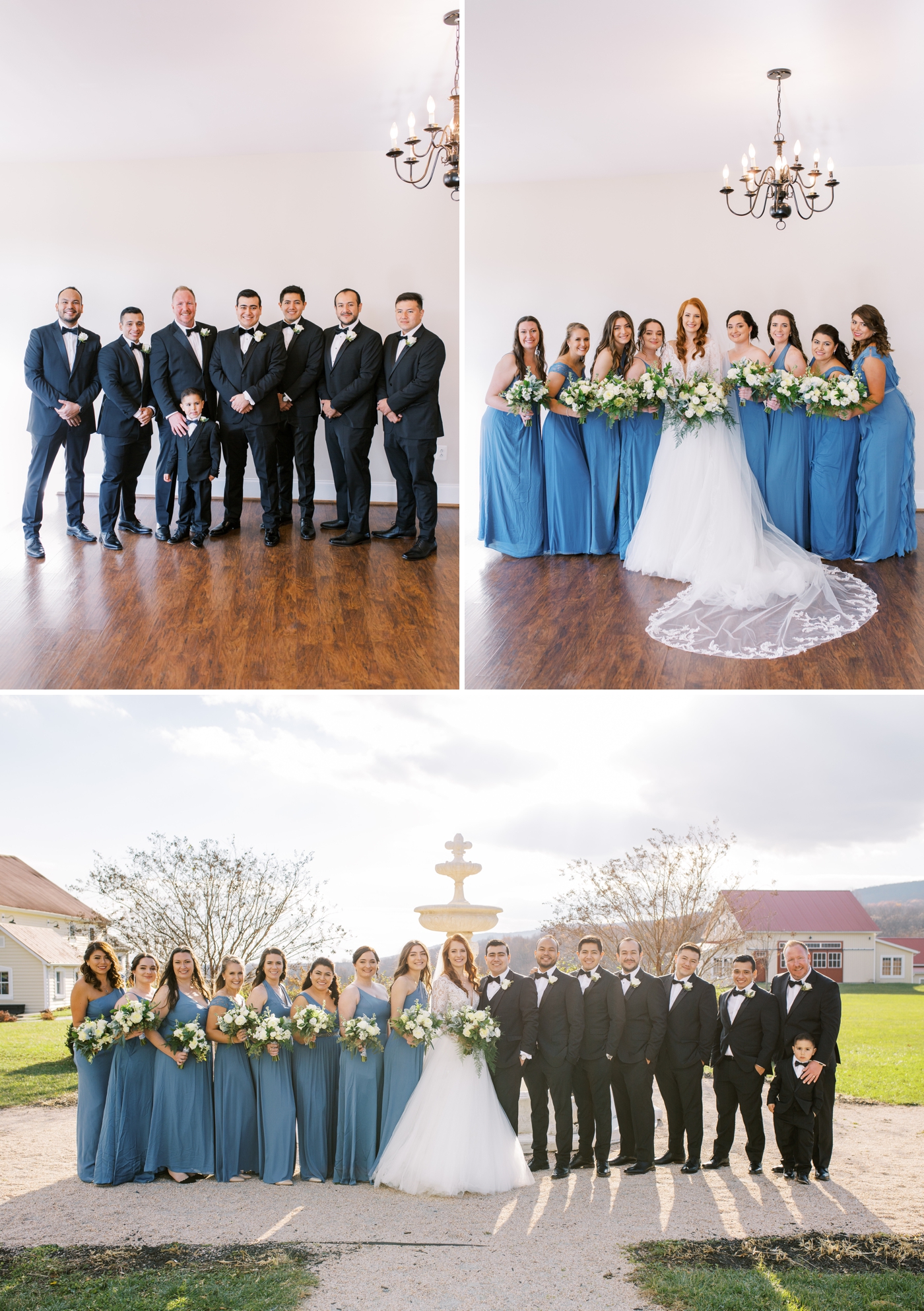Bridesmaids in dusty blue gowns