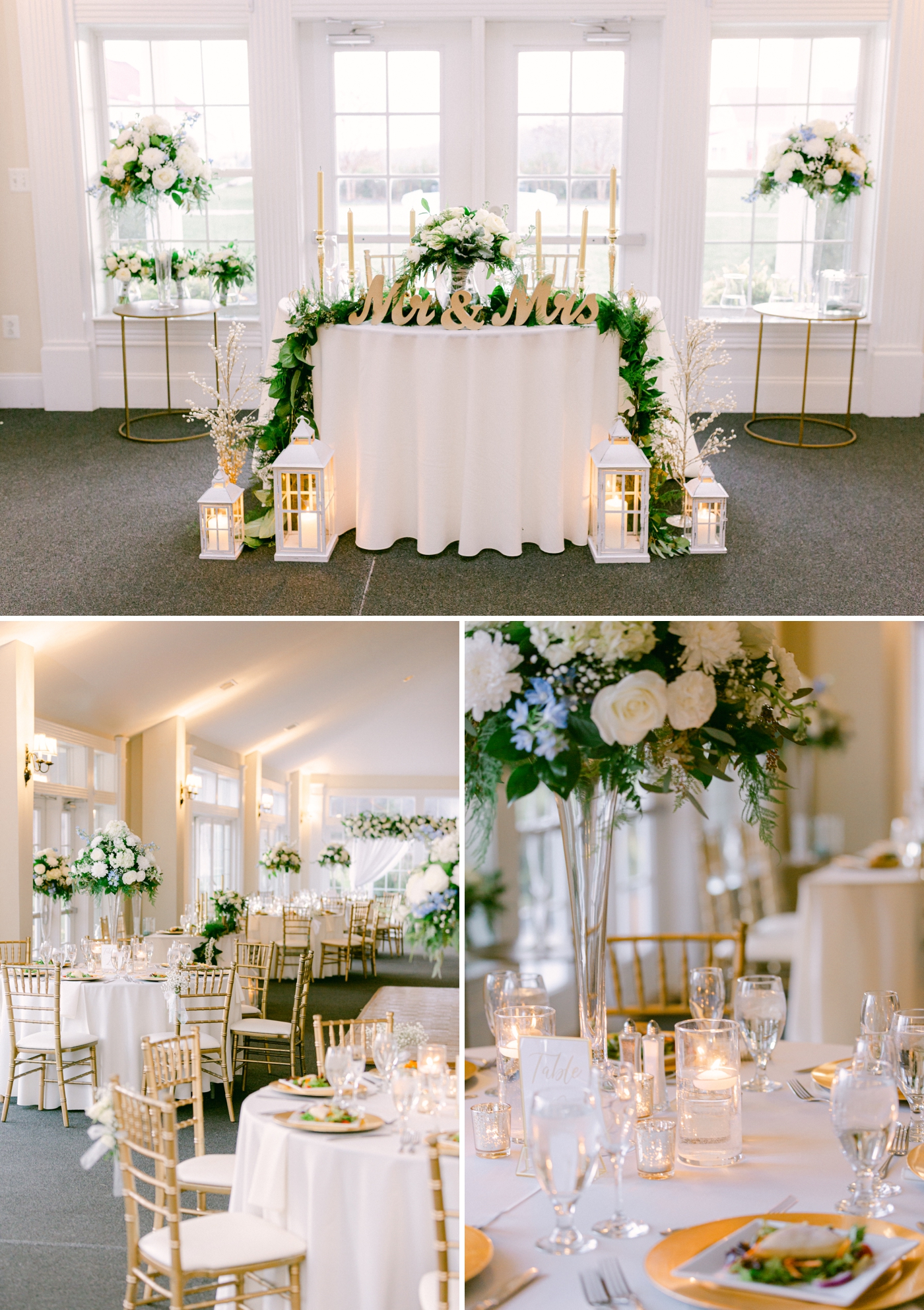Gold and white wedding reception details 
